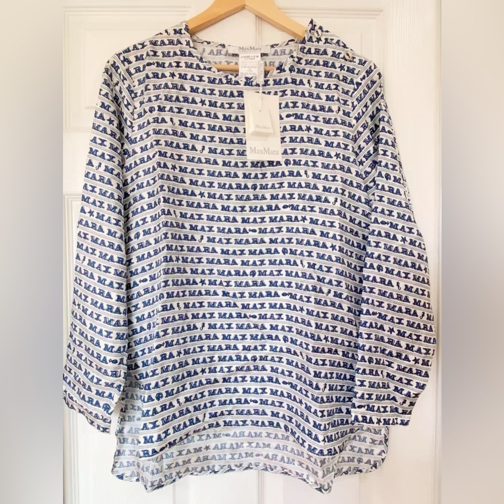 NWT $765 Max Mara Alatri Logo Print High-low Silk Blouse In Bluette